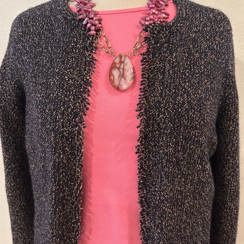 Eileen Fisher Open Front Slub Sweater Navy Cardigan Fringe Detail Crop PS PP